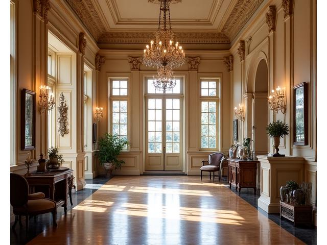 Grand country estate hall with classical architecture and grand staircase