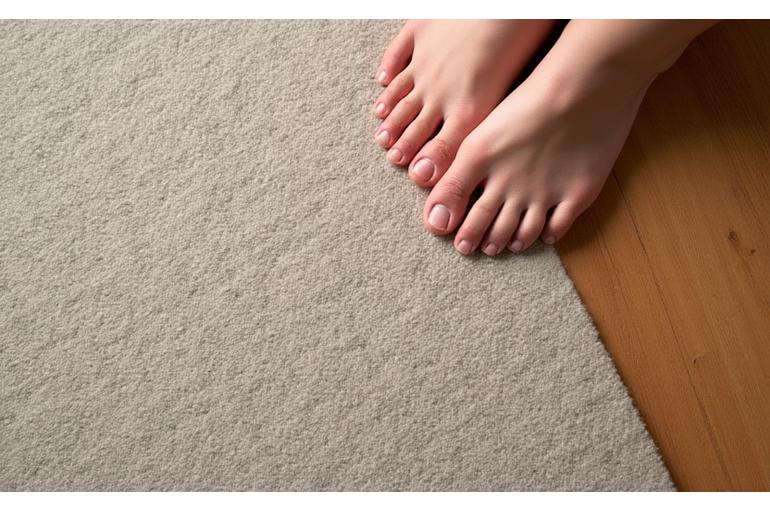 Luxurious wool carpet sample with a subtle pattern beside a hardwood floor